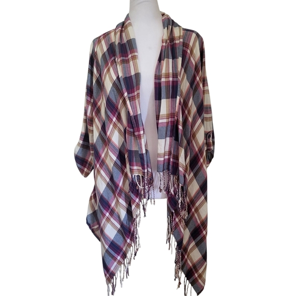 Natural Reflections Plaid Fringe Shawl sz S - Picture 1 of 4